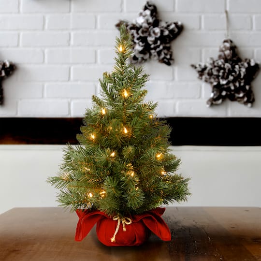 24" Pre-Lit Majestic Fir Tree In Burgundy Cloth Bag, Clear Lights